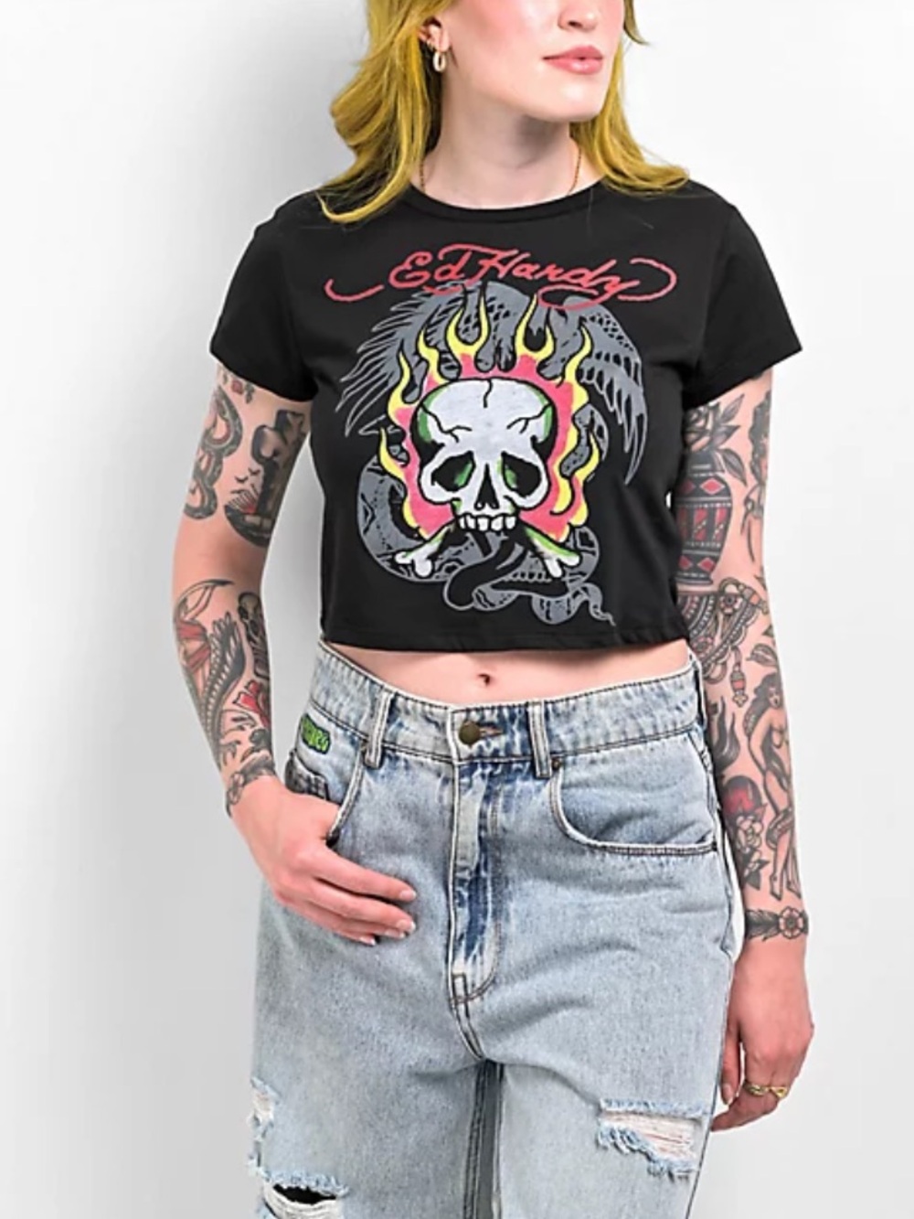 Ed Hardy Skull & Flames Black Crop Top T Shirt Junior’s XLarge